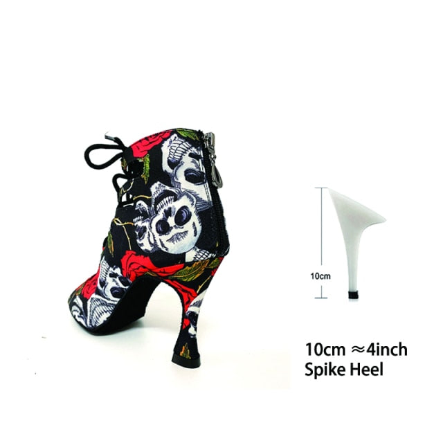 Spring Summer Style Salsa Bachata Dance Shoes Girls Halloween Skull Latin Dance Boot 9cm Heel Women Latin Dance Shoes