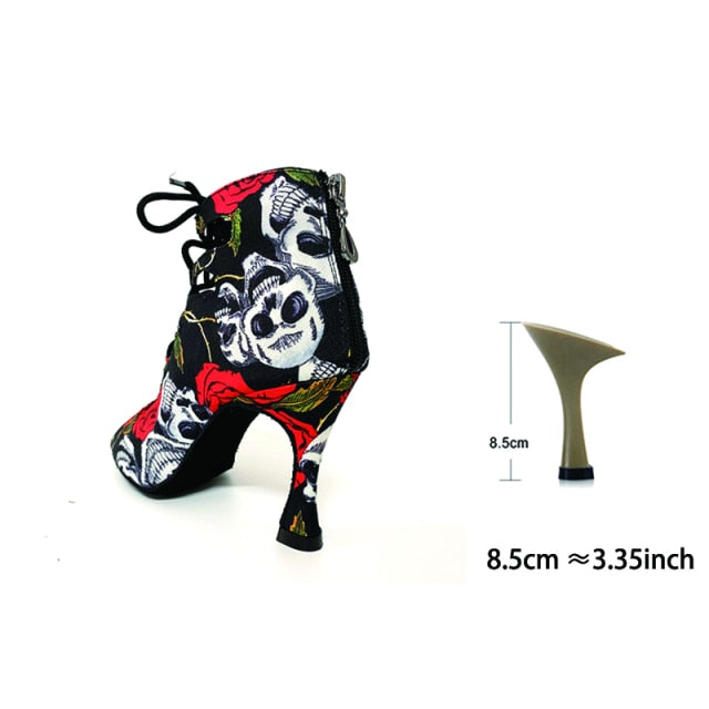 Spring Summer Style Salsa Bachata Dance Shoes Girls Halloween Skull Latin Dance Boot 9cm Heel Women Latin Dance Shoes