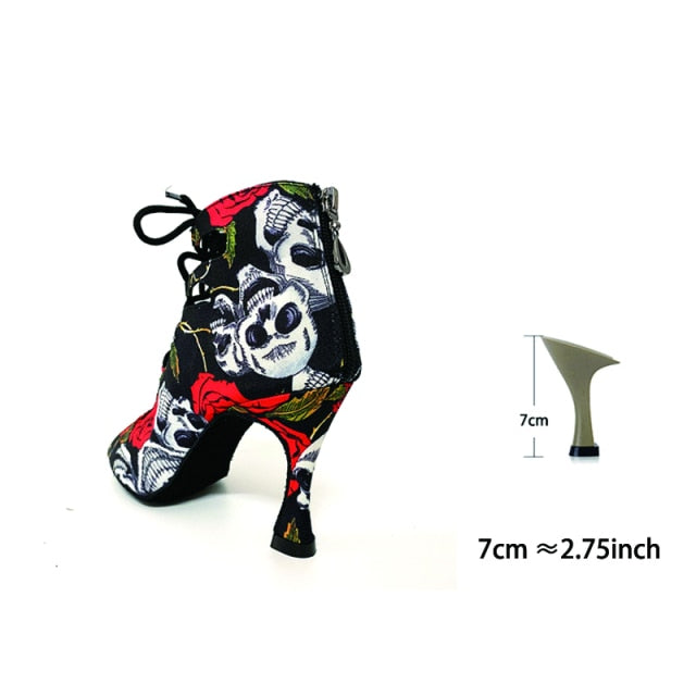 Spring Summer Style Salsa Bachata Dance Shoes Girls Halloween Skull Latin Dance Boot 9cm Heel Women Latin Dance Shoes