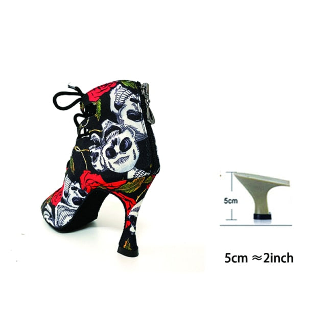 Spring Summer Style Salsa Bachata Dance Shoes Girls Halloween Skull Latin Dance Boot 9cm Heel Women Latin Dance Shoes