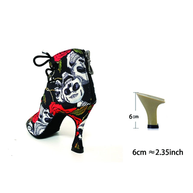 Spring Summer Style Salsa Bachata Dance Shoes Girls Halloween Skull Latin Dance Boot 9cm Heel Women Latin Dance Shoes