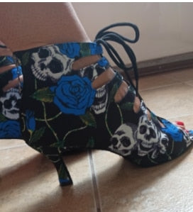 Spring Summer Style Salsa Bachata Dance Shoes Girls Halloween Skull Latin Dance Boot 9cm Heel Women Latin Dance Shoes