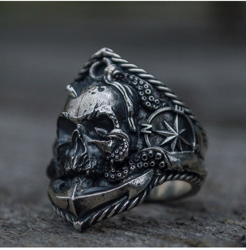 Gothic Skull Ring Unique Octopus Anchor Adsorption Compass Skull Biker Ring