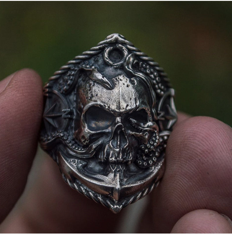 Gothic Skull Ring Unique Octopus Anchor Adsorption Compass Skull Biker Ring