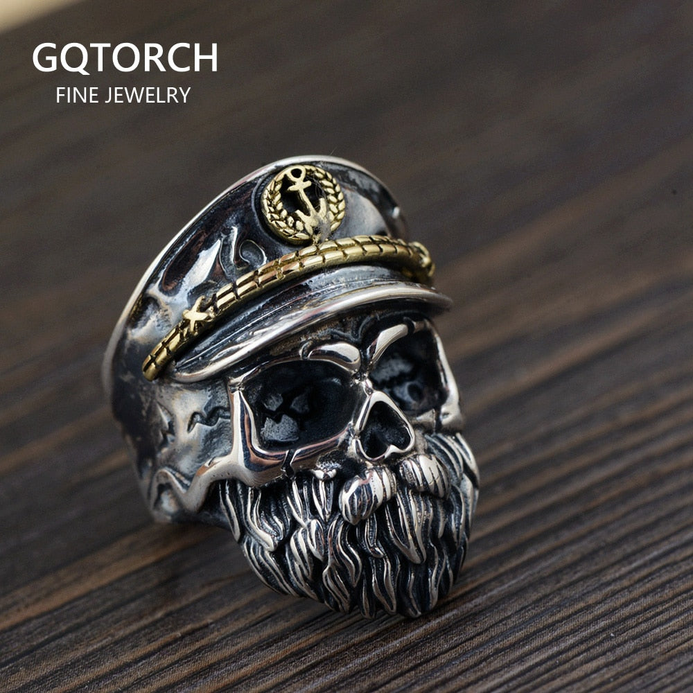 Personalitized Real 925 Sterling Silver Skull Ring Men Adjustable Pirate Captain Vintage Punk Rock Skeletons Mens Gothic Jewelry