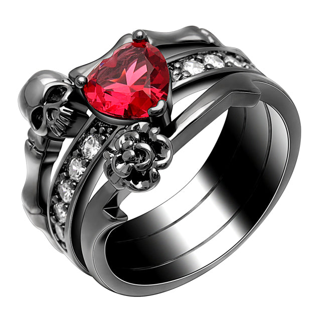 Gothic Skull Finger Silver Color Wedding Rings Set For Women Girl Red Heart Crystal CZ Rose Flower Trendy Jewelry Gift Rings