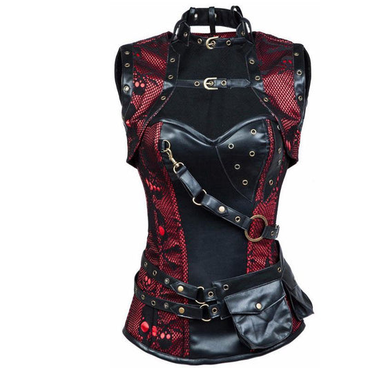 New Sexy Red Black Skull Pattern Steampunk Corset Punk Faux Leather