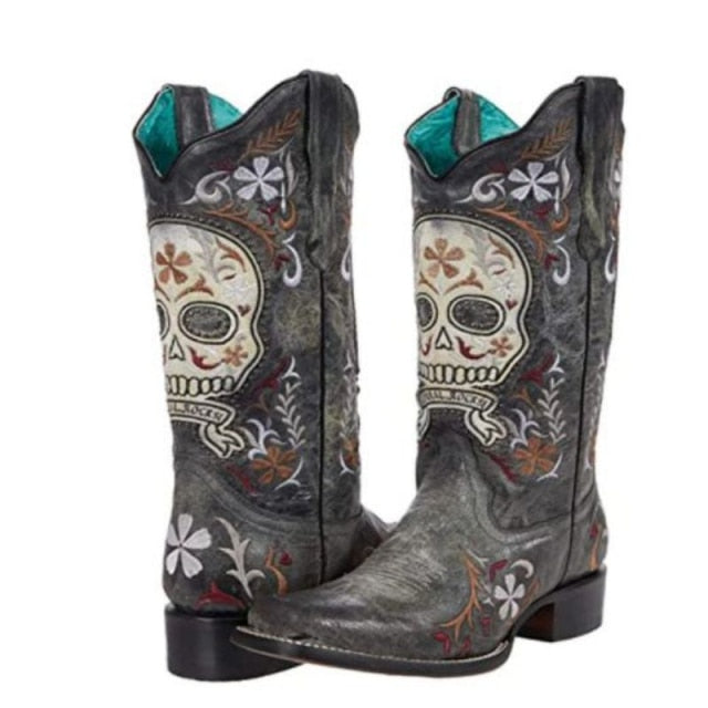 Sugar skull Women PU Leather Deep V-mouth Pointed Boots Embroidered Western Cowboy Boots