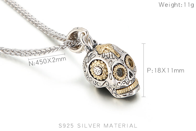 925 Sterling Silver Punk Skull Pendant Necklace