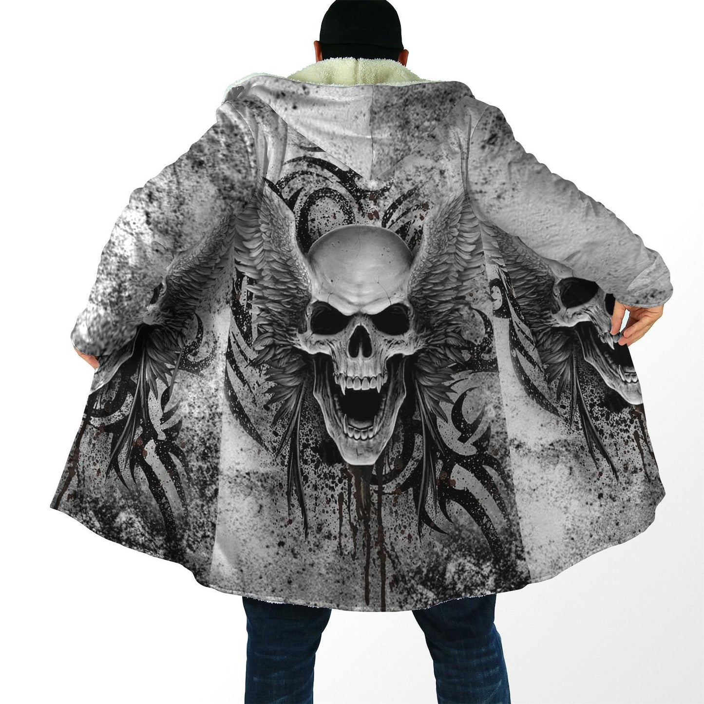 Winter Hooded cloak Crazy Skull With Angel Wings Fleece wind breaker Unisex Casual Thick Warm Hood