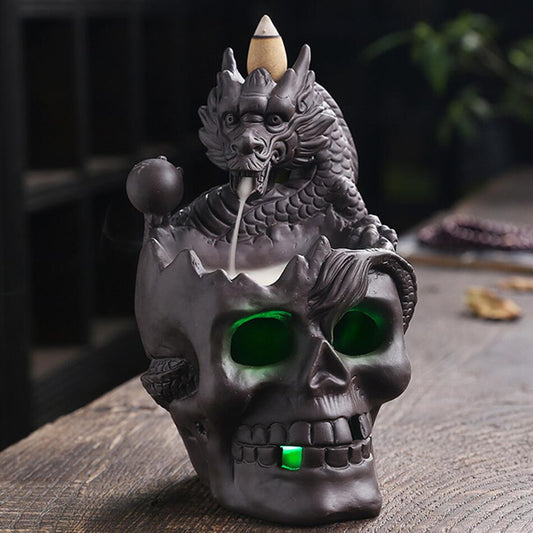 LED Dragon Statue Backflow Incense Burner Halloween Skull Decoration Ornament