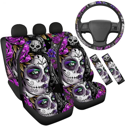 Day of the Dead Sugar Skull Full Set Car Seat Protector Steering Wheel Cover Seatbelt Cover