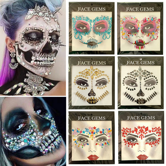 3D Gem Face Sticker Ghost Skull Face with Diamond Decoration Face Stickers