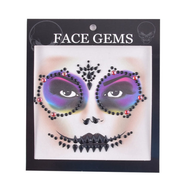 3D Gem Face Sticker Ghost Skull Face with Diamond Decoration Face Stickers