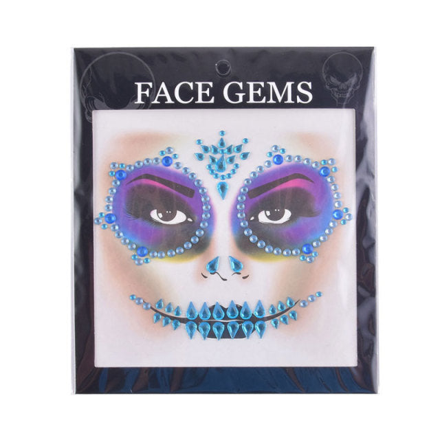 3D Gem Face Sticker Ghost Skull Face with Diamond Decoration Face Stickers