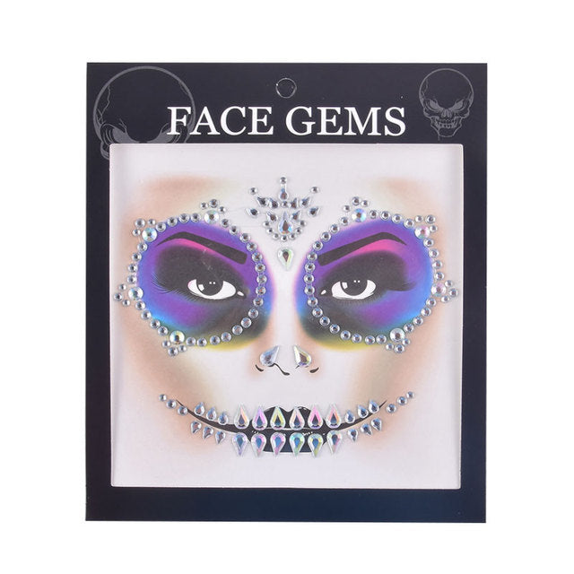 3D Gem Face Sticker Ghost Skull Face with Diamond Decoration Face Stickers