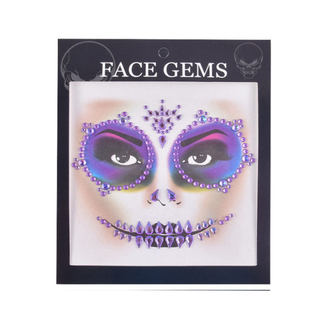 3D Gem Face Sticker Ghost Skull Face with Diamond Decoration Face Stickers