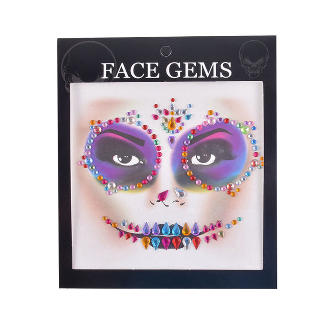 3D Gem Face Sticker Ghost Skull Face with Diamond Decoration Face Stickers