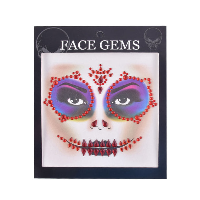 3D Gem Face Sticker Ghost Skull Face with Diamond Decoration Face Stickers