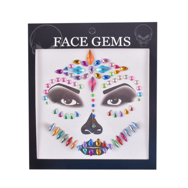 3D Gem Face Sticker Ghost Skull Face with Diamond Decoration Face Stickers