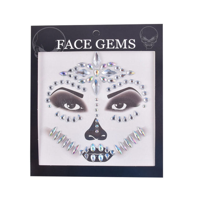 3D Gem Face Sticker Ghost Skull Face with Diamond Decoration Face Stickers