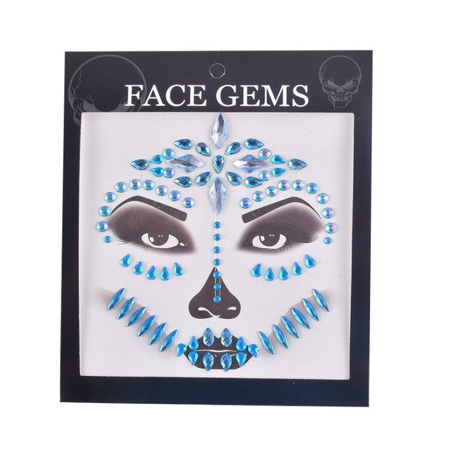 3D Gem Face Sticker Ghost Skull Face with Diamond Decoration Face Stickers