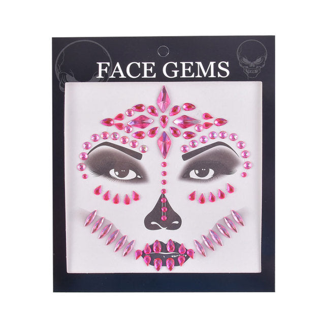 3D Gem Face Sticker Ghost Skull Face with Diamond Decoration Face Stickers