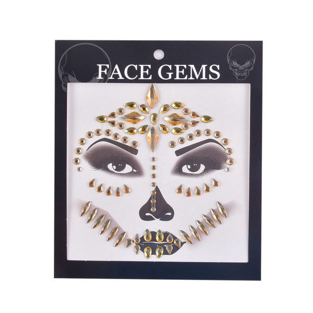 3D Gem Face Sticker Ghost Skull Face with Diamond Decoration Face Stickers