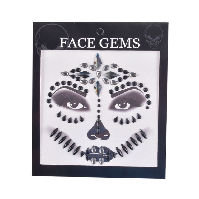 3D Gem Face Sticker Ghost Skull Face with Diamond Decoration Face Stickers