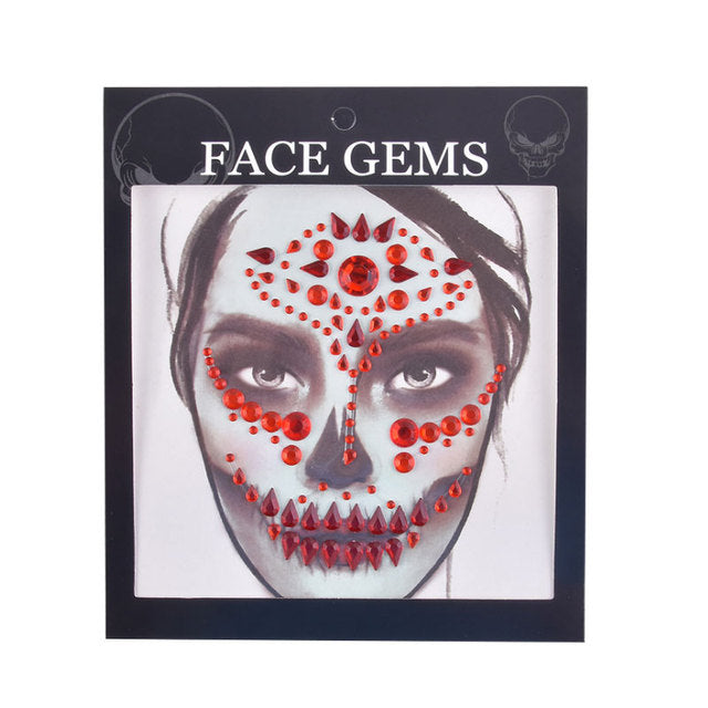 3D Gem Face Sticker Ghost Skull Face with Diamond Decoration Face Stickers