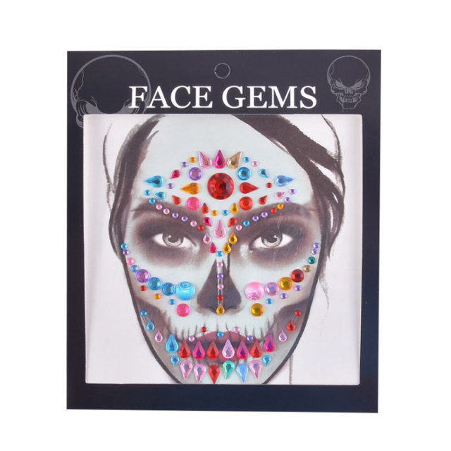 3D Gem Face Sticker Ghost Skull Face with Diamond Decoration Face Stickers