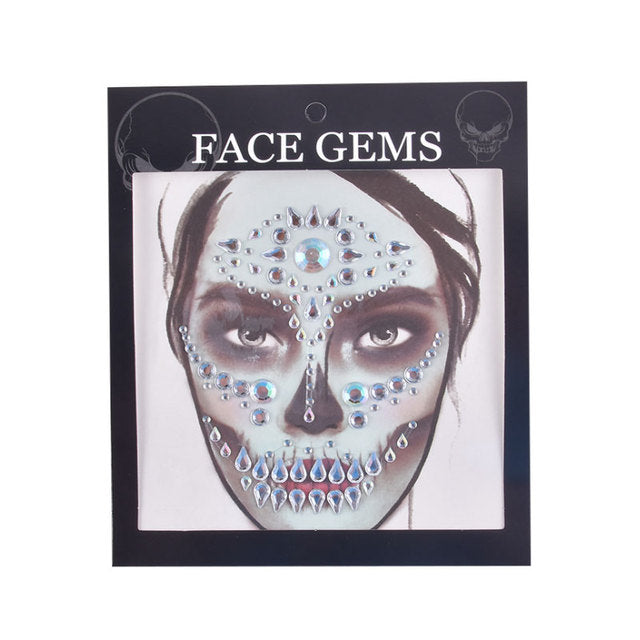 3D Gem Face Sticker Ghost Skull Face with Diamond Decoration Face Stickers