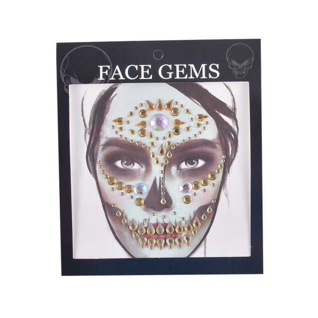 3D Gem Face Sticker Ghost Skull Face with Diamond Decoration Face Stickers