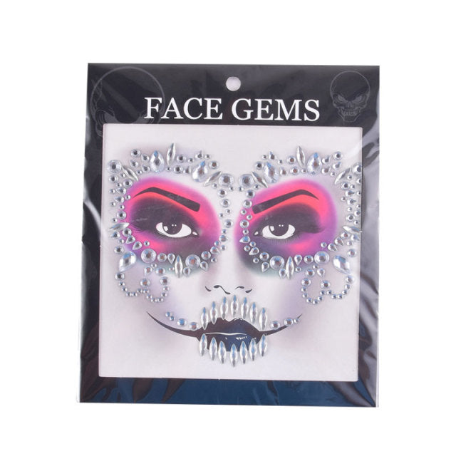 3D Gem Face Sticker Ghost Skull Face with Diamond Decoration Face Stickers