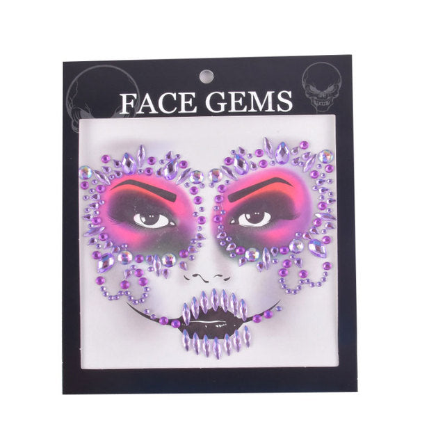 3D Gem Face Sticker Ghost Skull Face with Diamond Decoration Face Stickers