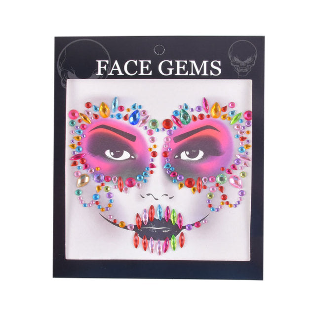 3D Gem Face Sticker Ghost Skull Face with Diamond Decoration Face Stickers