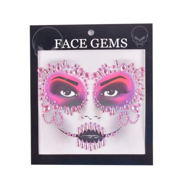 3D Gem Face Sticker Ghost Skull Face with Diamond Decoration Face Stickers