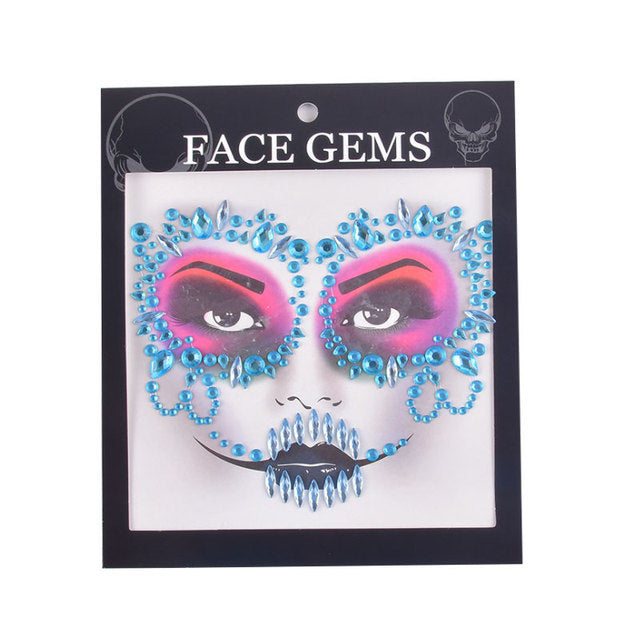 3D Gem Face Sticker Ghost Skull Face with Diamond Decoration Face Stickers