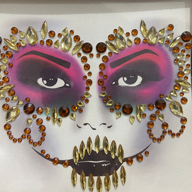 3D Gem Face Sticker Ghost Skull Face with Diamond Decoration Face Stickers