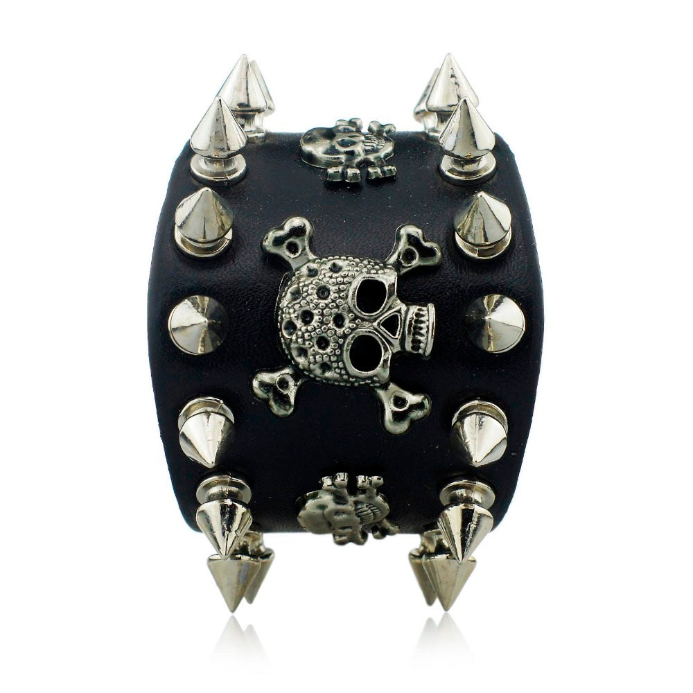 Unique Rock Spikes Rivet Gothic Skeleton Skull Punk Biker Wide Cuff Leather Bracelet