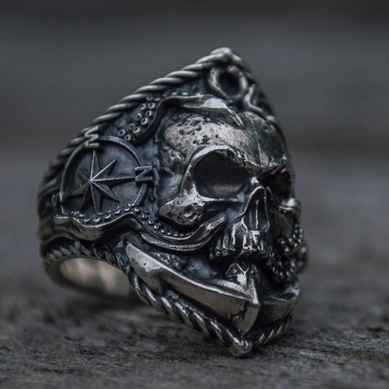 Gothic Skull Ring Unique Octopus Anchor Adsorption Compass Skull Biker Ring