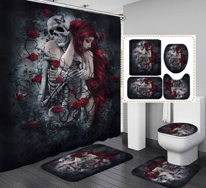 Sexy Teenage Girl Hugging Skull Shower Curtain Set Skeleton Lover Bathtub