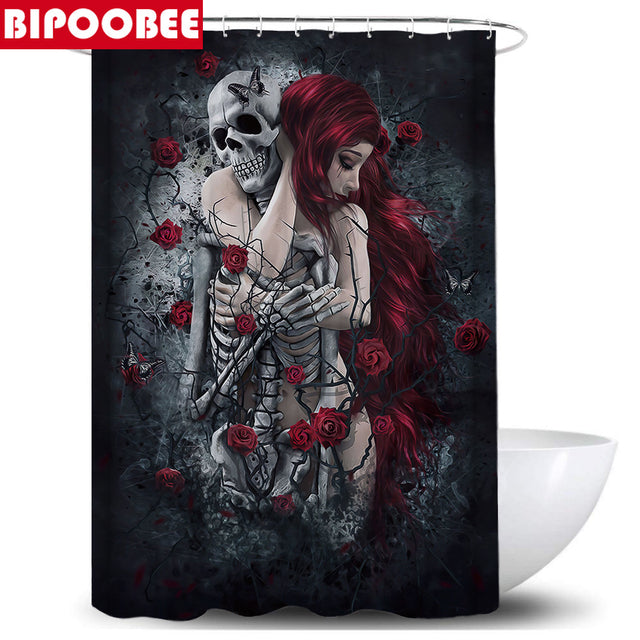 Sexy Teenage Girl Hugging Skull Shower Curtain Set Skeleton Lover Bathtub