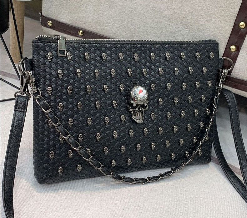 Punk Rivet Skull Purses and Handbags Weave Crossbody Bag Gothic Cluth Vintage Shoulder Bag Leather