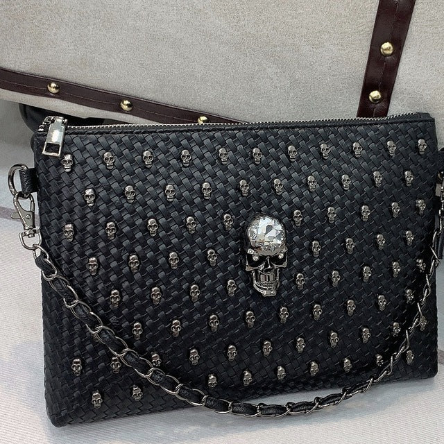 Punk Rivet Skull Purses and Handbags Weave Crossbody Bag Gothic Cluth Vintage Shoulder Bag Leather