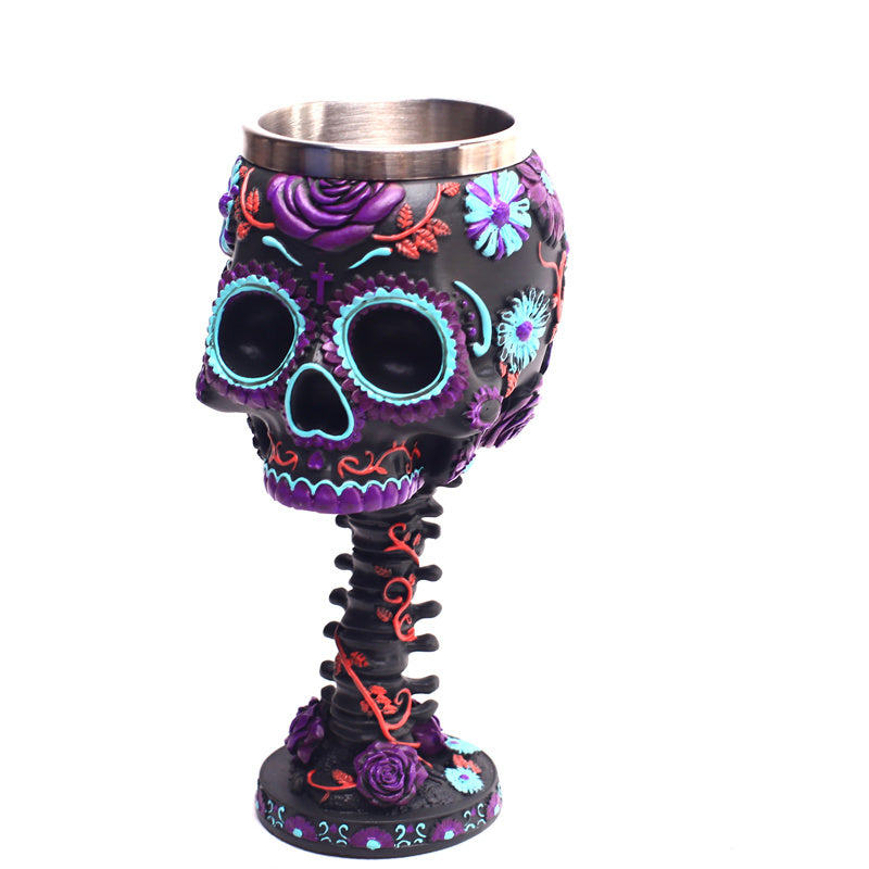 Skull Goblet Cup 3D Resin Stainless Steel Wine Glass Twilight Blooms Cups and Mugs