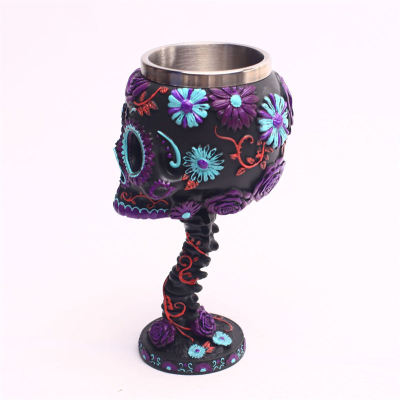 Skull Goblet Cup 3D Resin Stainless Steel Wine Glass Twilight Blooms Cups and Mugs