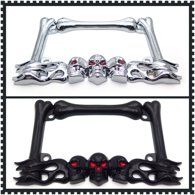 SKULL PLATE FRAME BLACK MOTORCYCLE LICENSE PLATE FRAME