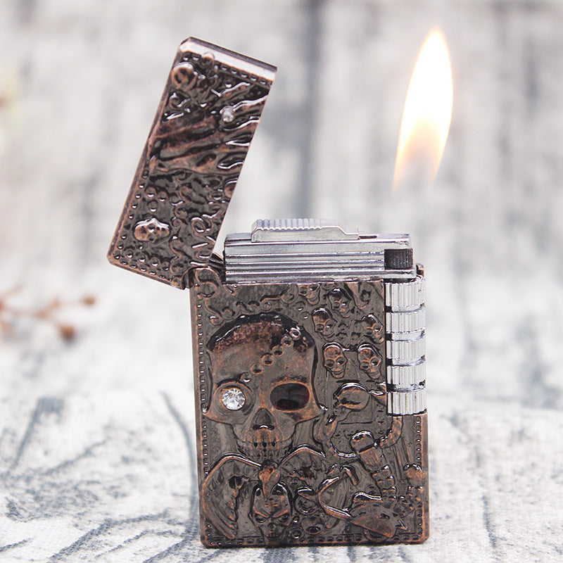 Metal Embossed Skull Gas Lighter Jet Flint Flip Side Grinding Cigarette Smoking Accessories