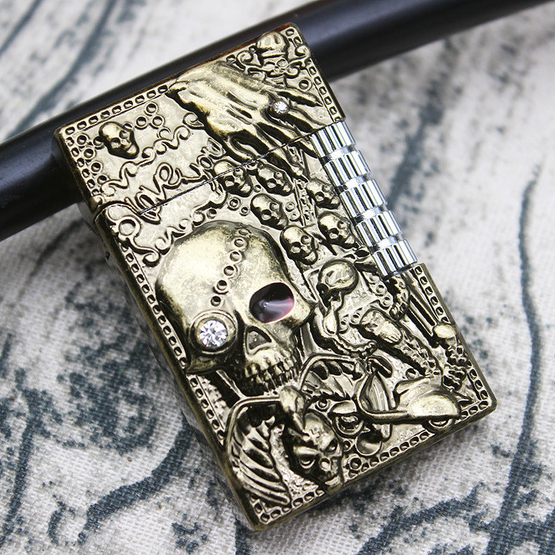 Metal Embossed Skull Gas Lighter Jet Flint Flip Side Grinding Cigarette Smoking Accessories